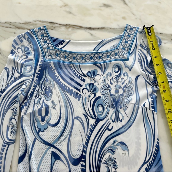 EMILIO PUCCI BLUE WHITE BELL SLEEVE SQUARE NECK DRESS SIZE IT 40 / US 6 - Picture 12 of 16